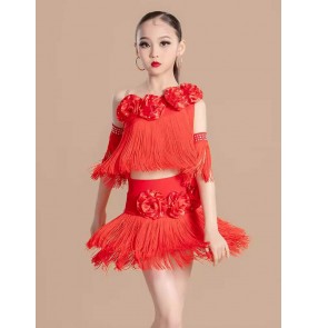 Girls kids red fringe latin dance dress salsa rumba ballroom dance wear party school stage performance outfits for children